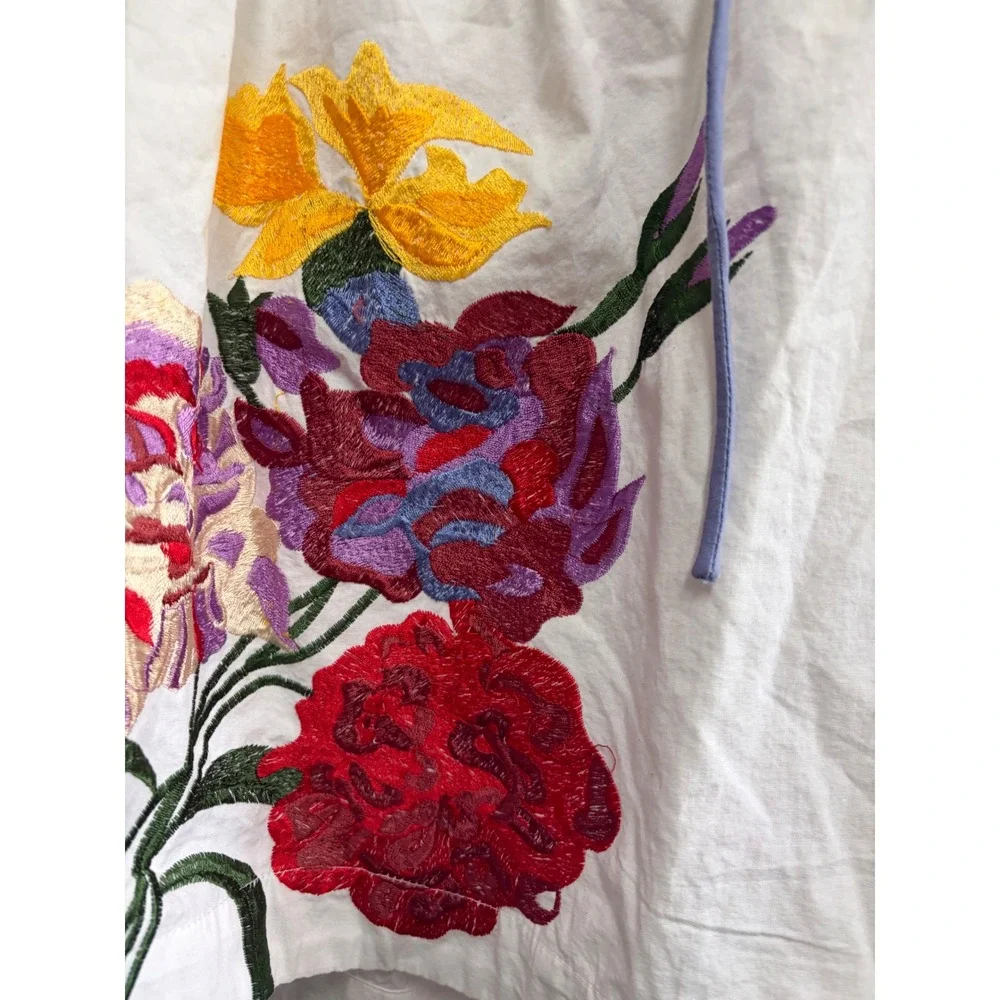 Anthropologie Boho White‎ Floral Puff Sleeve Blouse Embroidered Cotton LP